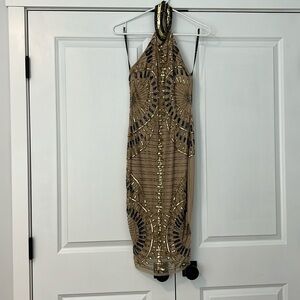 Mesh needed black and gold midi dress open back